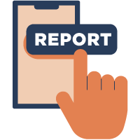 Report Icon: illustration of a phone with a report button, a hand is hovering over to click